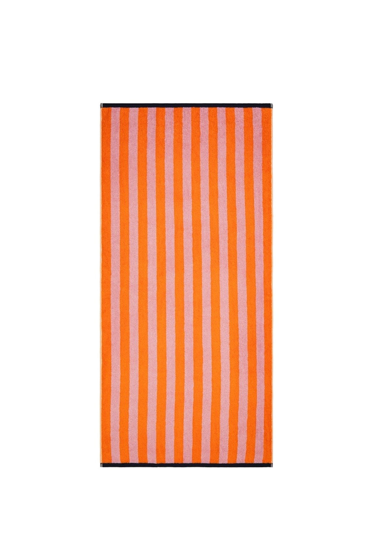 Handtuch Good Vibes Mandarin Rosa – flach ausgebreitet, Vorderseite mit breiten Blockstreifen in Mandarinorange und Rosa, dunkler Rand