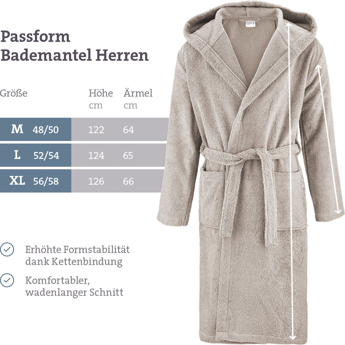 Passformübersicht für den sandgrauen Herrenbademantel mit Größenangaben und Produktansicht