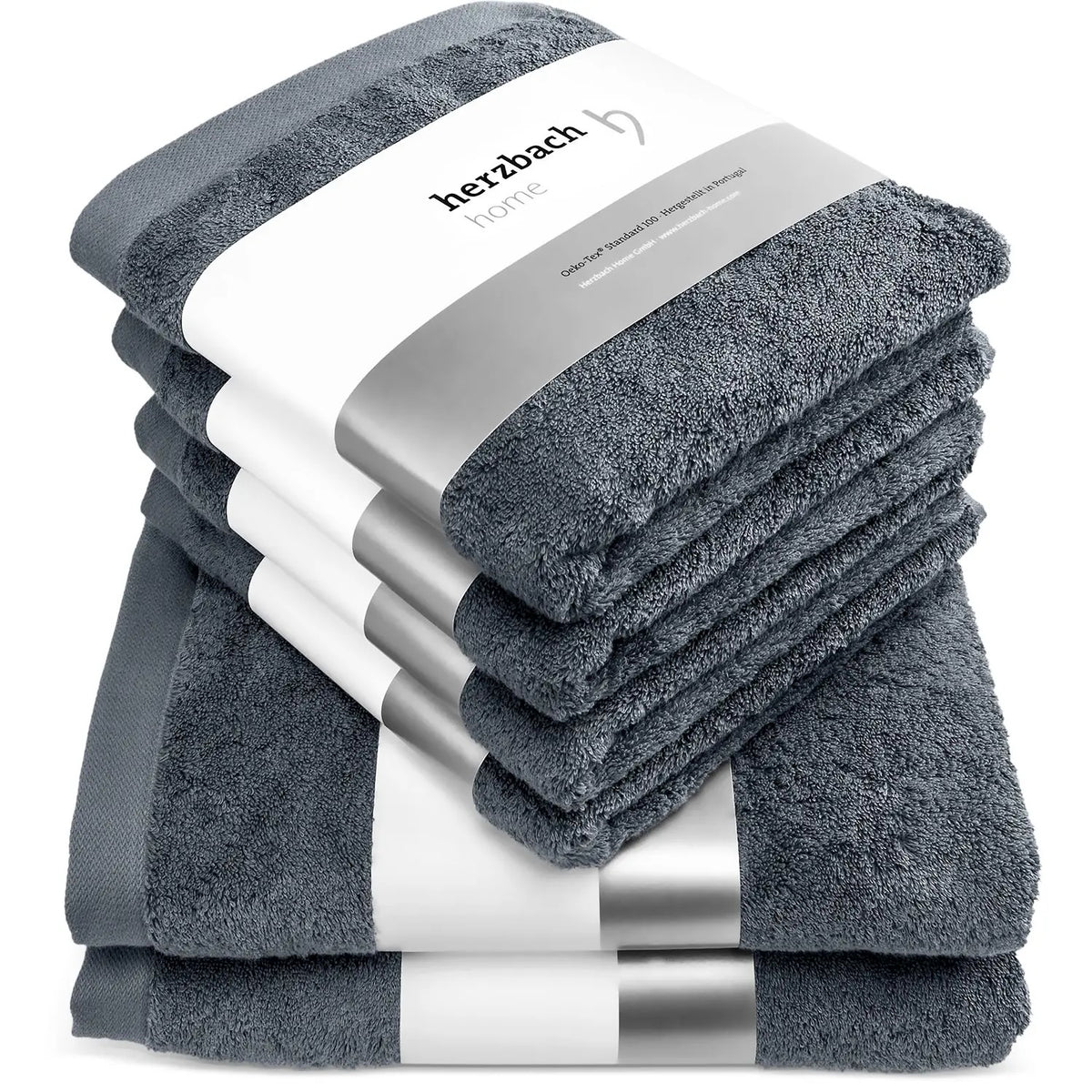 Pura Bundle Anthrazit – 4 gefaltete Handtücher gestapelt und 2 einzelne Handtücher, weiche Frottier-Qualität mit herzbach home Label
