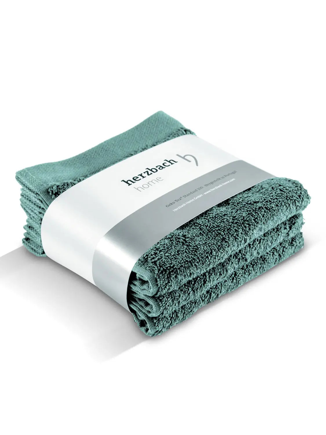 Pura Seiftuch 3er Set Ozeangrün – drei gefaltete Frottier-Seiftücher 30x30 cm mit herzbach home Banderole, 100% Baumwolle 550 g/m²